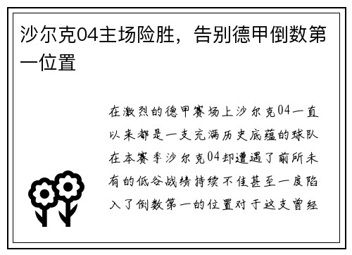 沙尔克04主场险胜，告别德甲倒数第一位置
